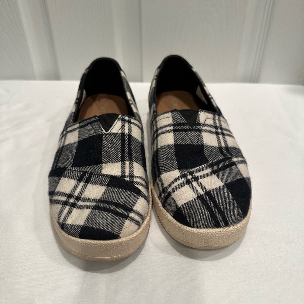 Toms Black and White Checkered Slip-Ons